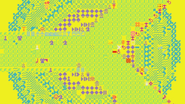 A pixelated letter "Y" flipped on its side, with assorted symbols throughout.
