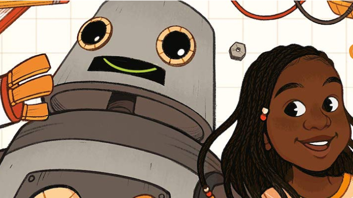 A young Black girl stands next to a robot.