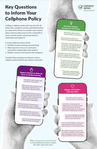 Three hands each grasp a cellphone, each containing guiding questions about policy considerations.